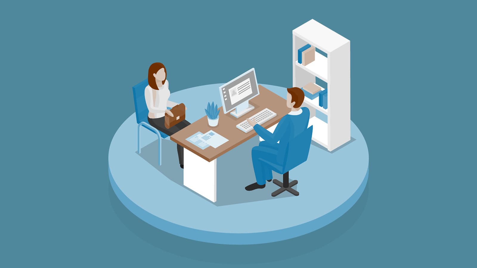 man and woman talking across a desk