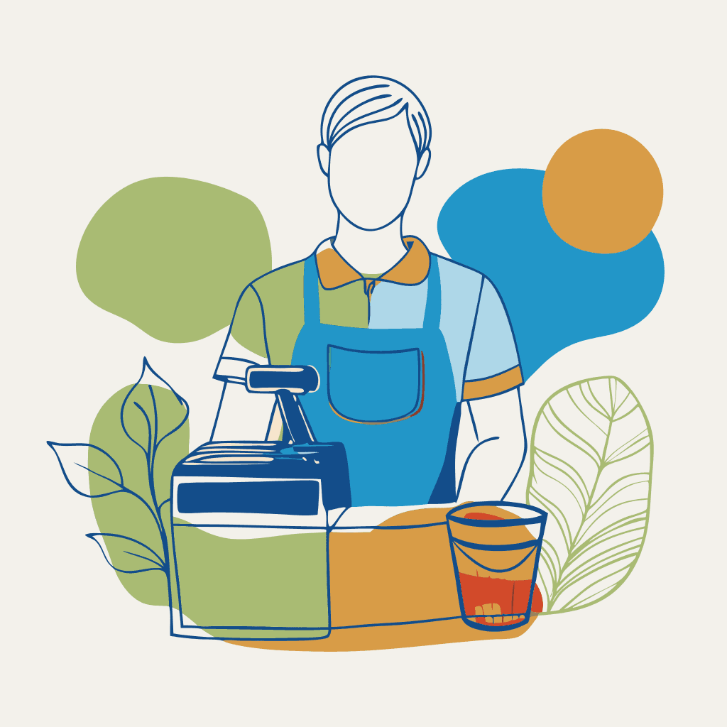 Illustration of a cashier and woman on computer