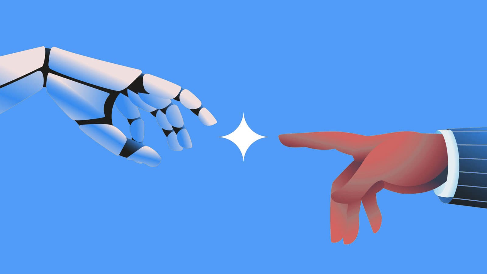 Human and robot hands pointing at each other